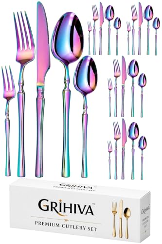 Image of 25 Pcs Rainbow Cutlery Set for Dining Table the Perfect Lightweight Silim Handle Tableware Including Dinner Spoon, Dinner Fork, Dinner Knife, Dessert Spoon & Dessert Fork