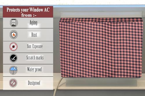 Image of The Furnishing Tree Elastic fit waterproof Polyester window ac cover suitable for Croma 1.5 Ton, Dustproof cover for inner and outer section, In CM: (62.23x66.04x43.18), Checkered Pattern Beige