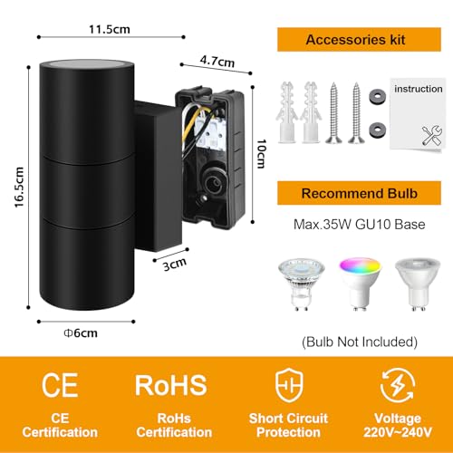Image of Kerry Outdoor Wall Lights, Mains Powered, IP65, Up Down, Black 2 Pack
