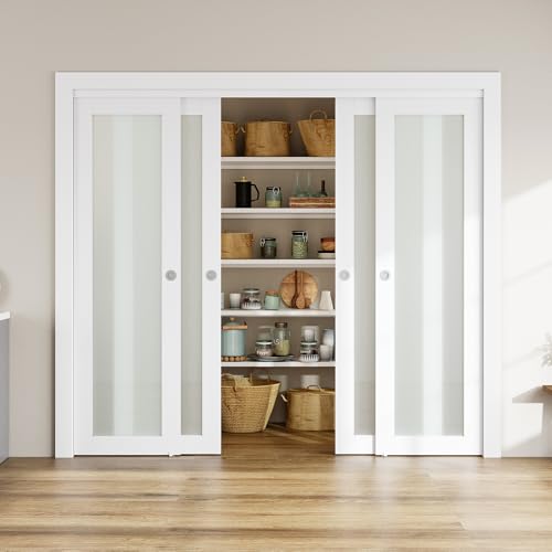 SMARTSTANDARD Closet Sliding Door, 96"(Double 48") x 80", 1-Lite Frosted Glass Sliding Door with Hardware Track Kit & Floor Guide, Finished 4 Panels, Easy Assembly, MDF, White 96"(Double 48"
