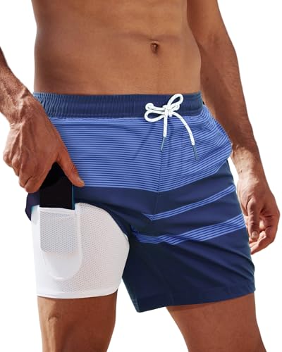 Arcweg Costume da bagno da uomo con compressione Liner 2 in 1, casual, ad asciugatura rapida, da spiaggia, con tasca con cerniera, S a XXL, Striscia blu, XXL