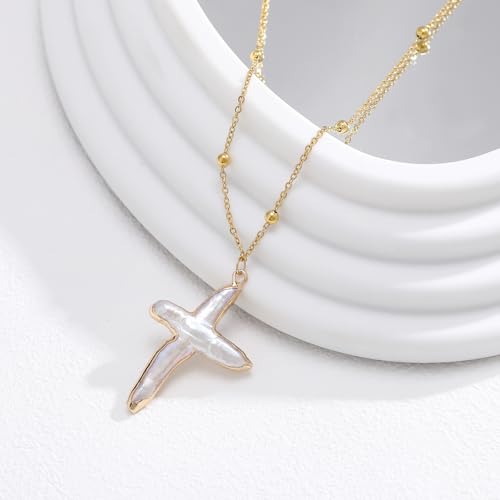 Nature Freshwater Pearl Cross Necklace Earring for Women, Gold Big Cross Pearl Necklace,Baroque Earrings (Gold)4