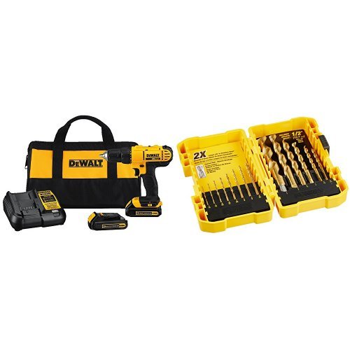 Dewalt DCD771C2 20V MAX Cordless Lithium-Ion 1/2 inch Compact Drill Driver Kit with Titanium Speed Tip Drill Bit Set