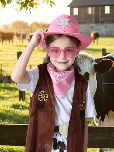 COSLAND 3 Pcs Pink Cowboy Hat with Bandana and Glasses, Western Cowgirl Hat for Girls, Small2