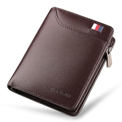 VANNANBA Small Wallet with Zipper Genuine Leather RFID Blocking Credit Card Wallet with Coin Pocket Bifold Wallets, Gift for Men(Brown)