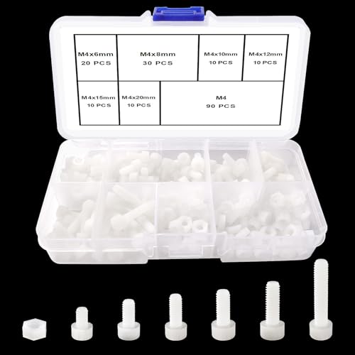 Lyeteung 90 Juegos 6 Tamaños M4 Kit de Tornillos y Tuercas de Nailon, Tornillos de Cabeza Hueca Hhexagonal de Nailon, Tuercas Hexagonales Plástico, Blanco