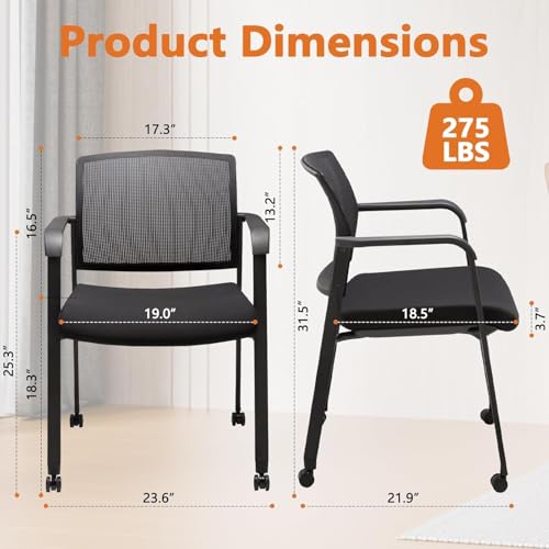 Image of CLATINA Rolling Conference Room Chairs Set of 8, Stackable Office Guest Reception Chair with Armrests and Wheels, Mesh Back Waiting Room Stools for Office, School, Lobby, Church, Black