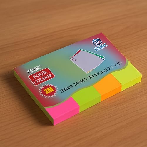 Image of Cubic Neon Sticky Notes - 4 Fluorescent Colours| Pack of 2 | 2.5cm x 7.5cm, 200 Sheets (1 inch x 3 inch) - Eye-Catching Self-Adhesive Page Markers for Notes | Reminders| Bookmarking & Office Use