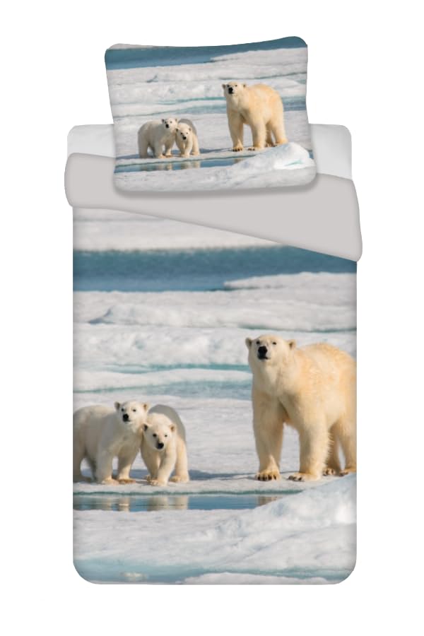 Polar Bear Bedding Set, 100% Cotton, Duvet Cover 140 x 200 cm + Pillowcase 65 x 65 cm, Multicolored, Lit 1 Personne
