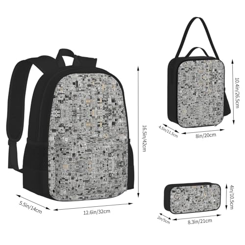 Newspaper Hd Print 3 Piece Set Backpack, Lunch Bag, Pencil Case, Cute Sturdy For College And Travel4