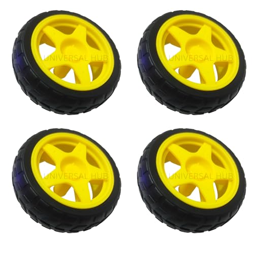 Image of (PACK OF 4)65mm Rubber Tyre Yellow Wheel for BO Motor, Smart Car Robot & DIY Projects - High Grip DC Gear Motor Wheel for Toy Cars & Robotics