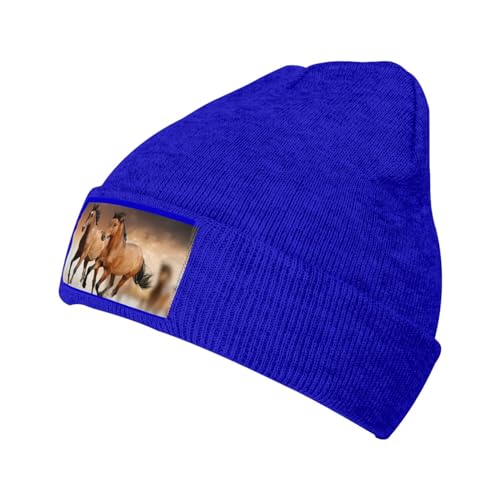 JONGYA Bonnet tricoté doux, chaud et élastique imprimé cheval de course, accessoires d'hiver tendance et chauds, bleu, taille unique