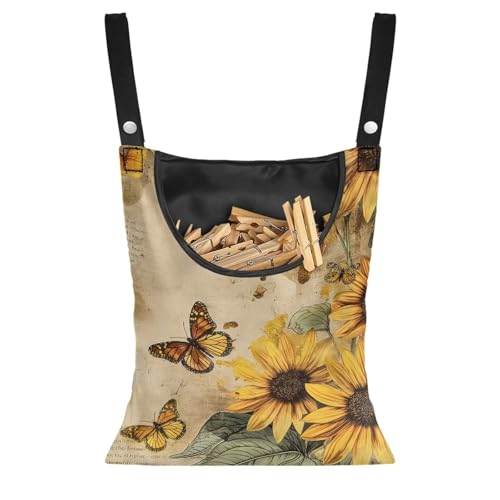 CREAMIC Butterfly Sunflower Clothespin Bag Fashion Hanging Storage Organizer Clothes Pin Bag Waterproof Laundry Clothespin Bag Clothespin Holder for Clothesline Outdoor
