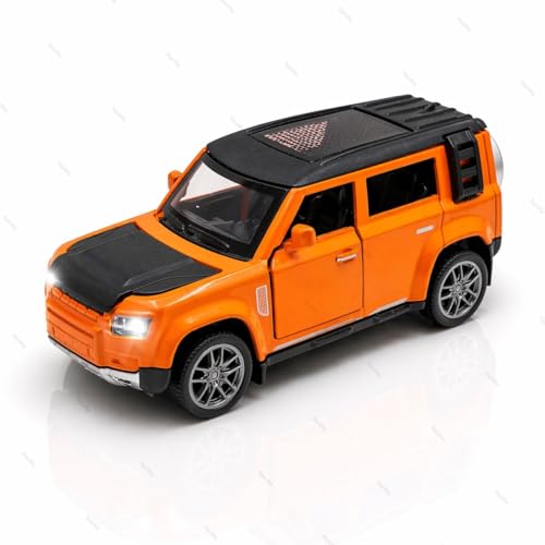 Image of 1:36 Scale Defender Die-Cast Toy Car - Pull Back Metal SUV Model with Openable Doors, LED Lights & Music - Alloy Mini Car Gift for Kids, Boys & Collectors (Orange)
