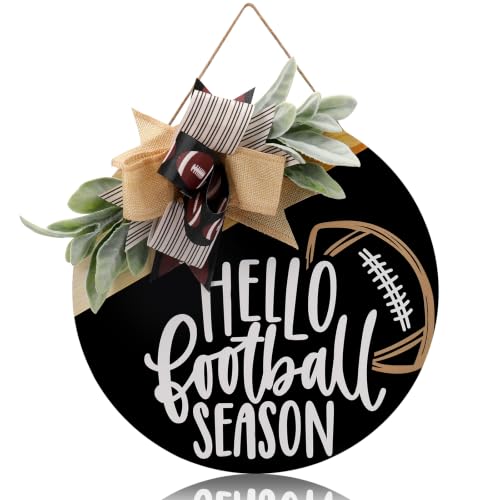 Thyle Football Welcome Wreath for Front Door Hello Football Season Wooden Hanging Sign Autumn Hanging Wreaths Hanger Sign with Bow for Farmhouse Home Wall Party Decor Supplies
