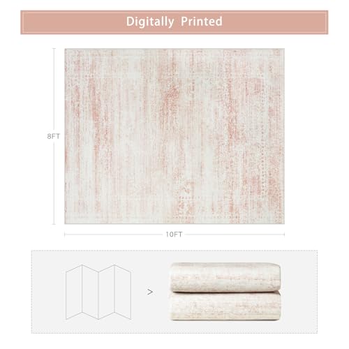 Washable Rugs 8x10 Area Rugs for Living Room,Rugs for Bedroom,Large Carpets,Ultra Soft Faux Wool Retro Dining Room Rug,Non Slip&Non-Shedding Low Pile Vintage Print Rug for Home Office-Pink White
