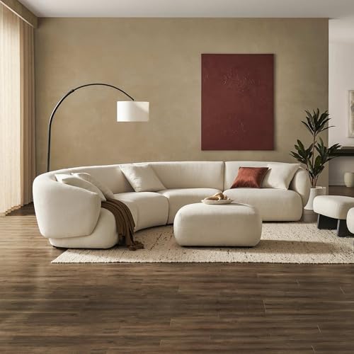 Image of (Premium Collection Curve Craft Modern Curved Sectional Sofa, Soft Seating Beige, Throw Cushions, Boucle Fabric (Color customisation and Physical Fabric Sample Available)