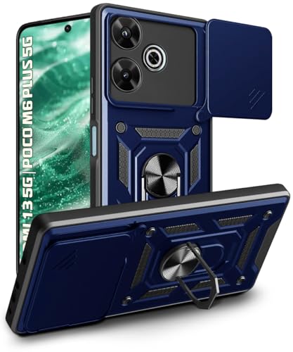 Image of WOW IMAGINE Tough Armor Bumper Mobile Back Case for Mi Redmi 13 5G | Poco M6 Plus 5G | Sliding Camera Shield Cover | Shock Proof 360 Protection | Hybrid PC + TPU | Ring Holder with Kickstand - Blue