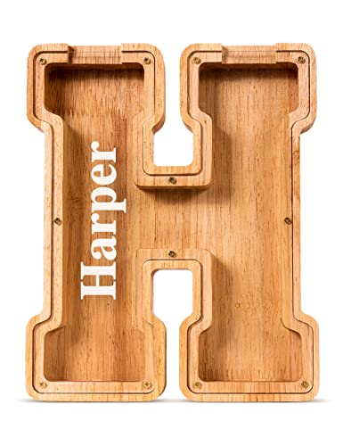 Summidate Customized Name Large Wooden Piggy Bank for Kids Boys Girls Alphabets Letter A-Z Coins Bills Money Change Bank Box Initial on Clear Cover (Laser Engraved) (Alphabet-H, Personalized-9