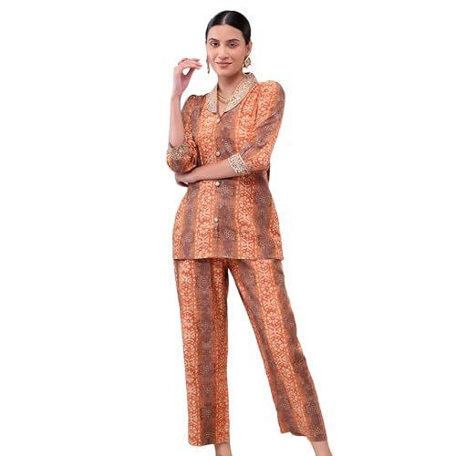 Image of Bani Women Printed Co-ord Set, Shirt and Trouser Set 2 Piece Outfit, 3 /4 Sleeves V Neck Collor with Mirror Work, Coord Sets for Womens,Western Dress, Stylish Design for All Occasions