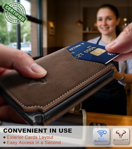 Image of BULLIANT Men Wallet Leather Wallet Card Holders Money Clip for Men 10Cards-Magnetic Flip on Metal Case