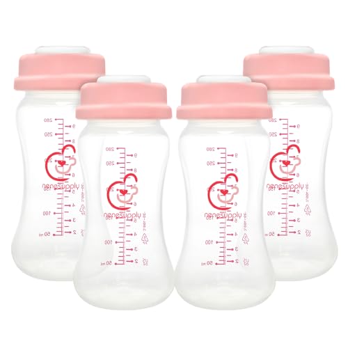 Image of NENESUPPLY Storage Bottles Collection Bottles for Spectra S1 S2 Motif Luna Breast Pumps 4 pc 9oz 280ml with Collar and Sealing Disc. Breastmilk Storage Replace Spectra Bottles Wide-Mouth Bottles