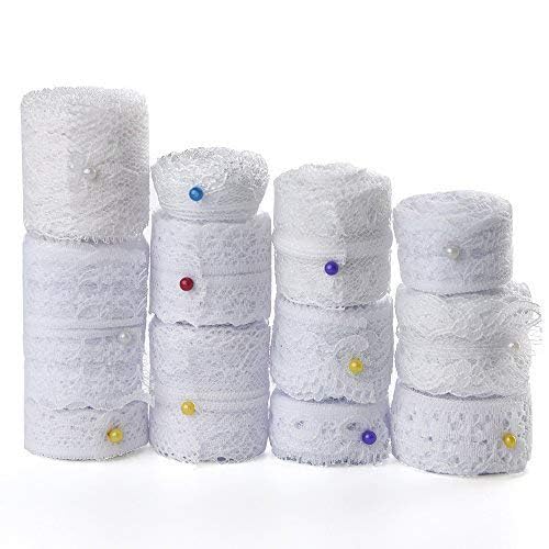 FEPITO 39.6 Yards White Lace Ribbon 12 Rolls Assorted Lace Trim Ribbon for Sewing and Bridal Wedding Scalloped Decorations