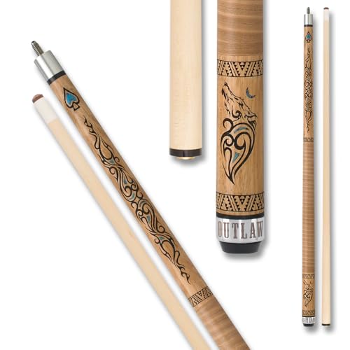OUTLAW OL33 Thunder Pool Cue - Brown Stained Maple with Wolf Design and Hints of Turquoise - 21oz