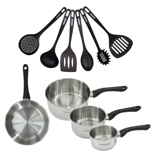 Fackelmann 9443550 Set poêle 24 cm et 3 casseroles 12 16 et 20 cm en inox 18/8, tous feux, induction, sans PFAS, Acier inoxydable 18/8, 12 16 20 et 24 cm, Gris Clair