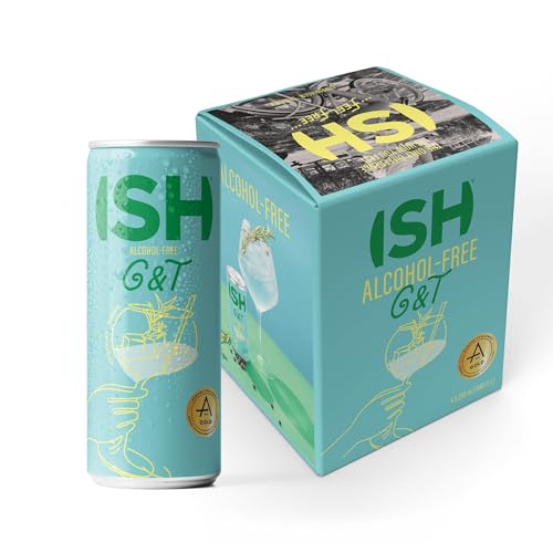 ISH - Gin Tonic sin Alcohol 4 Latas x 250 ml, Cocktail Clásico de Gran Sabor, con Bayas de Enebro Secas, Producto Vegano sin Gluten, Destilación Única con Cáscaras de Semillas de Chile, Fácil de Tomar