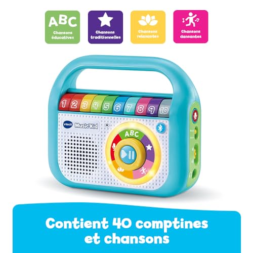 VTech - Music'Kid, Baladeur Musical Enfant, Enceinte Bluetooth Lumineuse avec Comptines, Chansons Éducatives et Relaxantes, Enregistreur Vocal, Cadeau Enfant Dès 2 Ans - Contenu en Français
