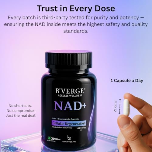 Image of B'VERGE NAD Supplement Booster With Resveratrol & NR (NMN Alternative) | NAD+ Precursors | Supports Healthy Aging, Cellular Repair, Muscle Strength & Brain Function | 30 Veg Capsules (30 count (Pack of 1), NAD 30 Caps)