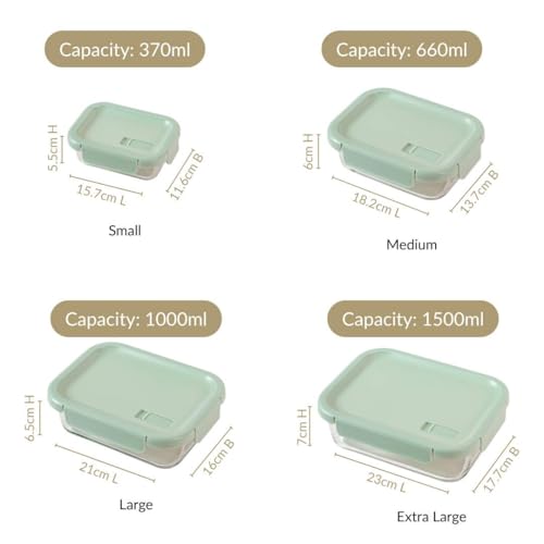 Image of Nestasia Borosilicate Glass Containers with Clip Locks Set of 4 (370ml, 660ml, 1L, 1.5L) - Airtight & Leakproof Containers with Air Vent Lid for Fridge Storage | Microwave & Dishwasher Safe (Green)