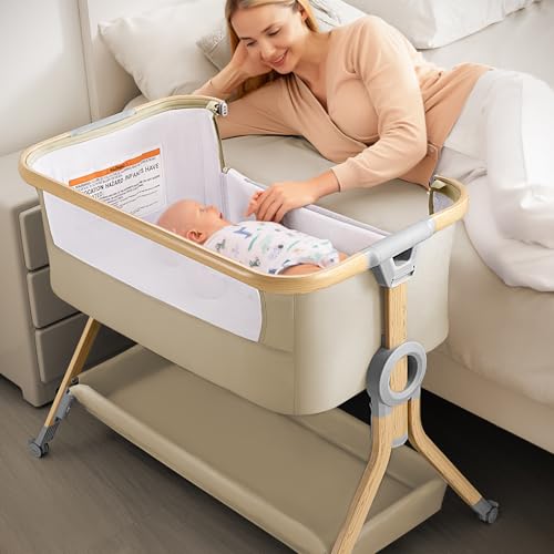 Larex Cuna Colecho para Bebé bassinet para recién nacido y bebé con mosquitera, bolsa y cesta de almacenamiento, 5 alturas ajustables,4 Ruedas con Freno, colchón transpirable y paredes de malla(Caqui)