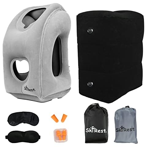 Skyrest Inflatable Travel Pillow (Grey) and Adjustable Height Inflatable Foot Rest Pillow (Black) for Airplane, Car, Train, Home & Office- 2 Drawstring Bags, eyemasks and earplugs Included Cover
