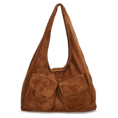 Herald Slouchy Suede Hobo Shoulder Bag for Women, Vintage Crescent Satchel Purse Tote Handbag with Multi-Pocket (Brown)