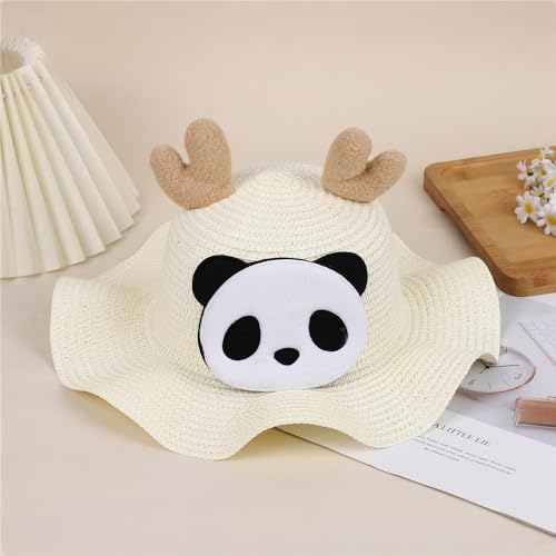 Straw Cartoon Panda Hat，Summer Beach Sunscreen Sunshade Mini Cute Party Hat for Girls Boys 2-8 Years2