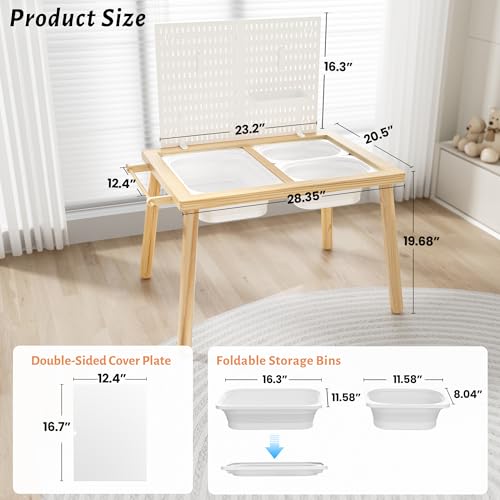Image of Easyego Sensory Table for Toddlers Kids Play Wooden Sand Water Table with Can DIY Creation Pegboard & Foldable Storage Bins for Indoor and Outdoor Use,Birthday Gifts for Boys and Girls - Natural Color