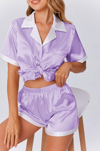 Image of Ekouaer Womens Silk Satin Pajama Set Short Sleeve PJs 2 Piece Button Down Top and Shorts Notch Collar Sleepwear Sets Soft Pjs