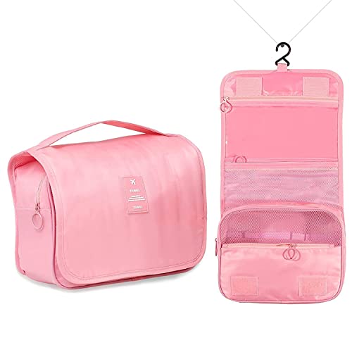 Image of Travel Toiletry Bag with Hanging Hook, Waterproof Cosmetic Organizer Pouch, Foldable Makeup Storage Case with Mesh & Transparent Compartments, Portable Travel Accessories Bag (Pink Pink)
