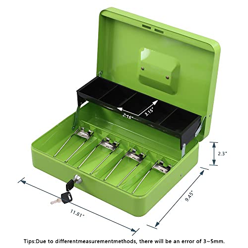 Image of KYODOLED Locking Cash Box with Lock,Money Box with Cash Tray,Lock Safe Box with Key Money Saver,Money Saving Organizer,11.81Lx 9.45Wx 3.54H Inches,Limegreen XL Large