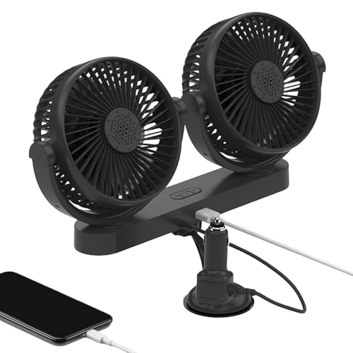 Generico Ventilador de coche con alimentación USB, ventilador portátil para vehículo de doble cabeza, motor silencioso 12 V 24 V con ventosas para circulación de aire y coche