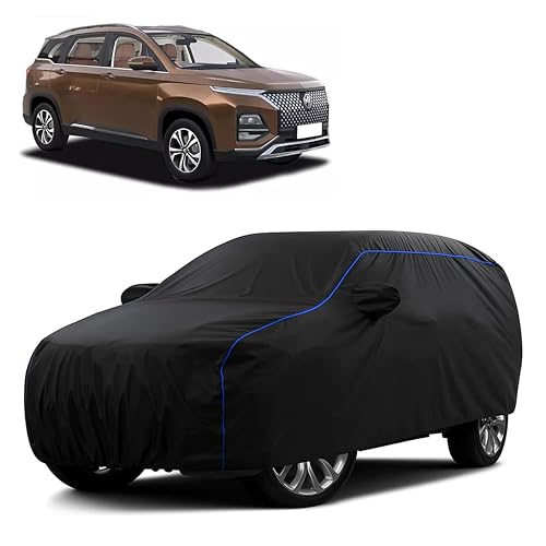 Image of Sulfar 100% Water Resistant Car Body Cover Compatible with Mirror for MG Hector Plus (Triple Stitched, Full Bottom Elastic, Black Tafetta with Blue Piping)