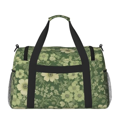 Green Floral Print Travel Duffle Bag - Foldable Personal Item Travel Bag for Women & Men,Carry-On Convertible Crossbody Tote Bags with Adjustable Shoulder Strap & Pockets 13x10.2x19.7 in2