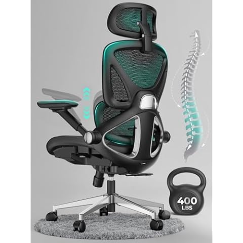 CAPOT Ergonomic Mesh Office Chair, Adjustable Lumbar High Back Desk Chair 400lbs, 4D Flip-up Arms, 3-Level Tilt Backrest, 3D Headrest, PU Wheels, Swivel Rolling Computer Chair for Long Desk Work Cover