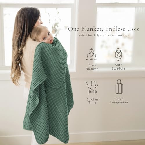 Image of Konssy Waffle Baby Blanket for Boys & Girls, Soft Newborn Swaddle Blanket | Waffle Knit, Cozy Crib Blanket Neutral for Nursery, Stroller & Toddler Bed, Machine Washable, 41 inch x 37 inch(Green)