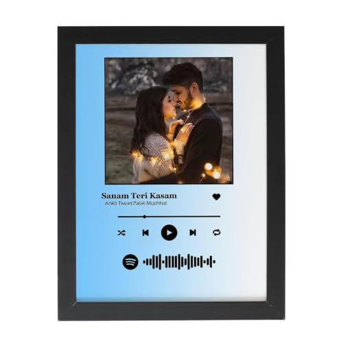 Image of Spotify Rectangular Shape Wall Mount Photo Frame Personalized Picture Music Frame Anniversary For Gift | Scannable Spotify Song Qr Code Frame With Your Photo, Blue & White - 16x24 Inch