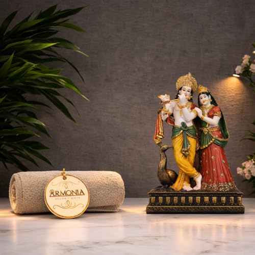 Image of ARMONIA Radha Krishna Murti 11 Inch | Premium Marble Dust Radha Krishna Idol with Peacock for Mandir, Home Decor & Office Desk | Radhakrishna Statue Spiritual Gift for Diwali, Wedding & Housewarming