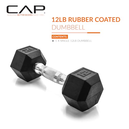Image of CAP Rubber Coated Dumbbell Weights, Free Weights for Home Gym Strength Training, Anti-Roll Hex Dumbbells with Black, Chrome & Comfort Grip Handles, Singles