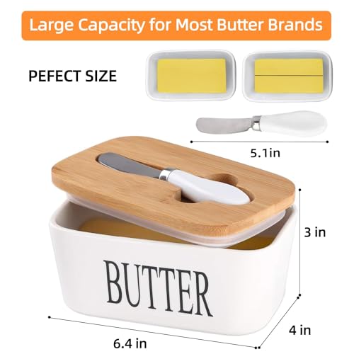 Image of Ceramic Butter Dish with Wooden Lid and Stainless Steel Knife, Large Butter Container Keeper with Bamboo Cover and Silicone Sealing Ring for West and East Coast Butter (White)